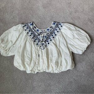 Free People Bubble Blouse Embroidered White and Blue Women's Top